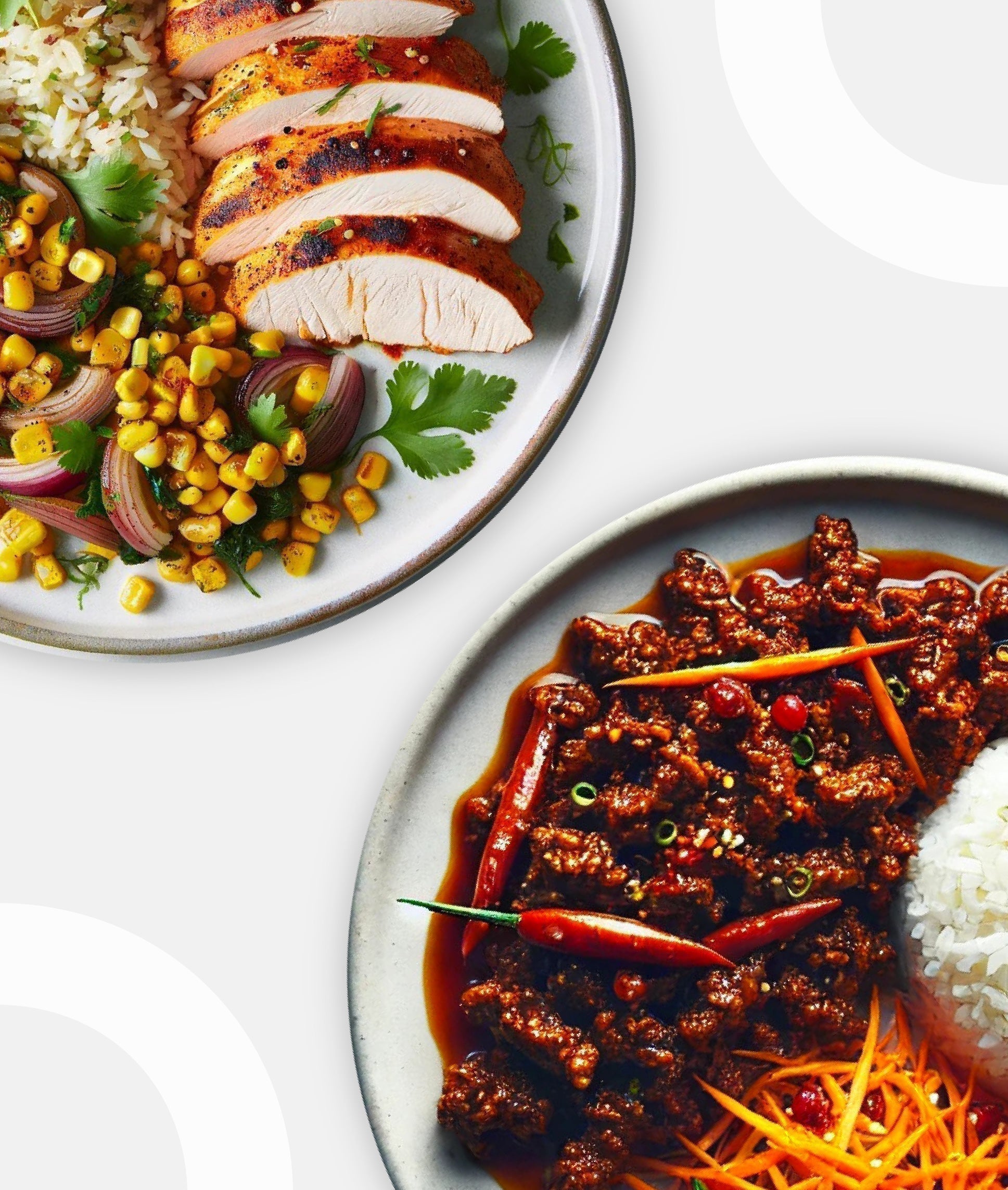 Two BOSUPREP meals on a plate, one with grilled chicken and vegetables, the other with beef and rice, ready-to-eat and fresh