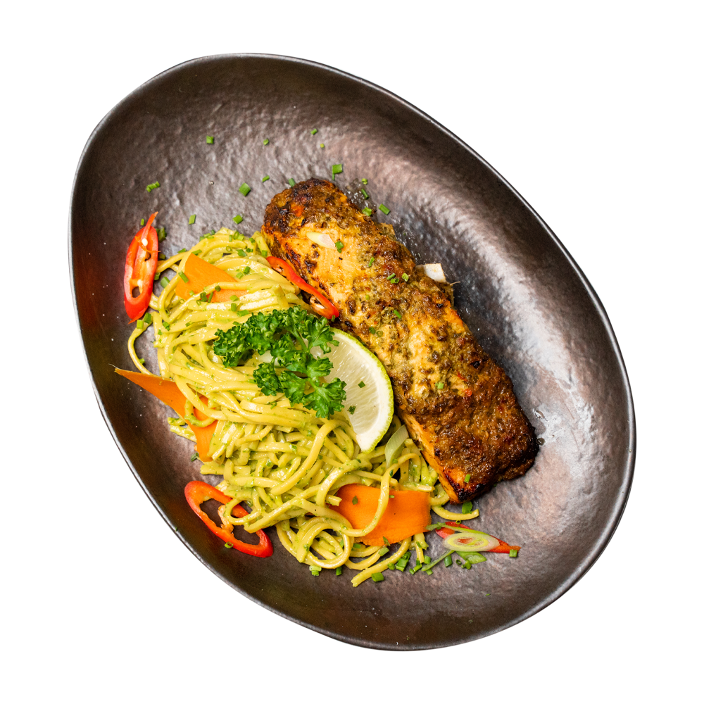 Colorful and healthy salmon dish with noodles, designed to fuel focus and energy.