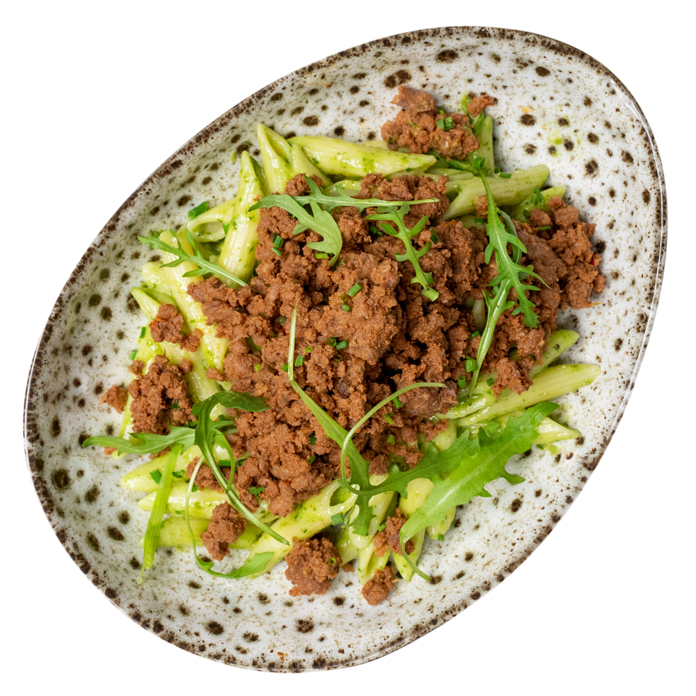 Chef-prepared beef pasta with green garnish, ready-to-eat meal from Bosuprep