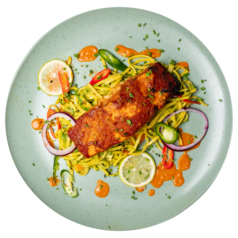 Chef-prepared healthy low-carb fish lunchtime meal with noodles and garnish, corporate wellness meal delivered in Bradford by Bosuprep