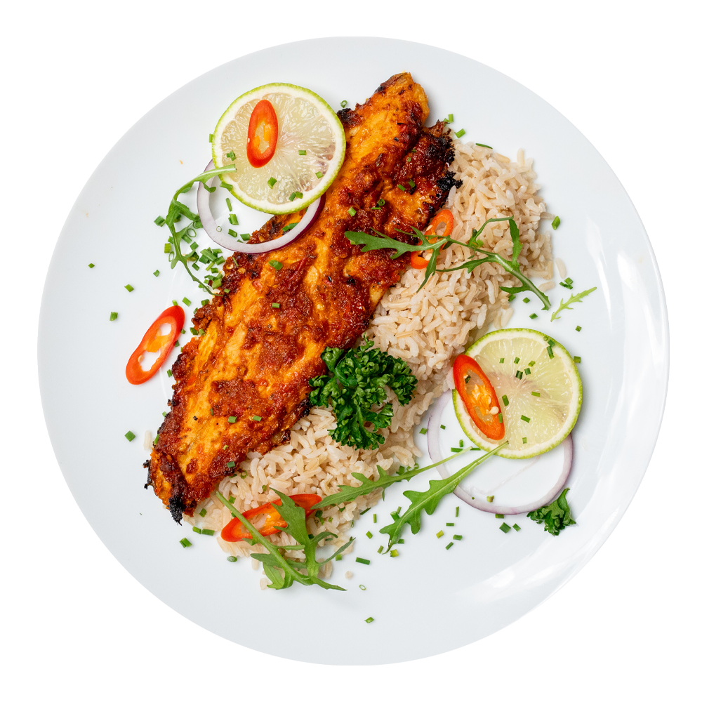 Chef-prepared healthy low-carb fish lunchtime meal with rice and garnish, corporate wellness meal delivered in Camden by Bosuprep