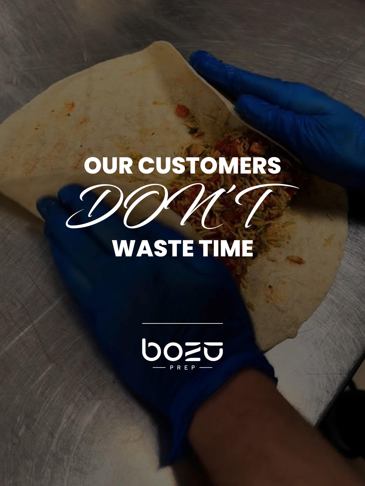 Bosuprep chef preparing a low-calorie wrap for corporate meal prep in Greenwich, with text “Our customers don’t waste time”