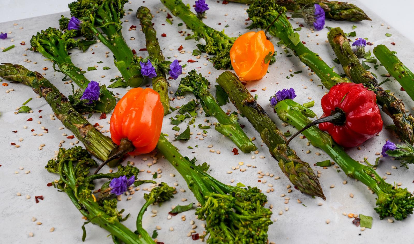 Chef-prepared corporate vegan lunch on a slate plate with garnish, high-protein low-carb delivered to the office