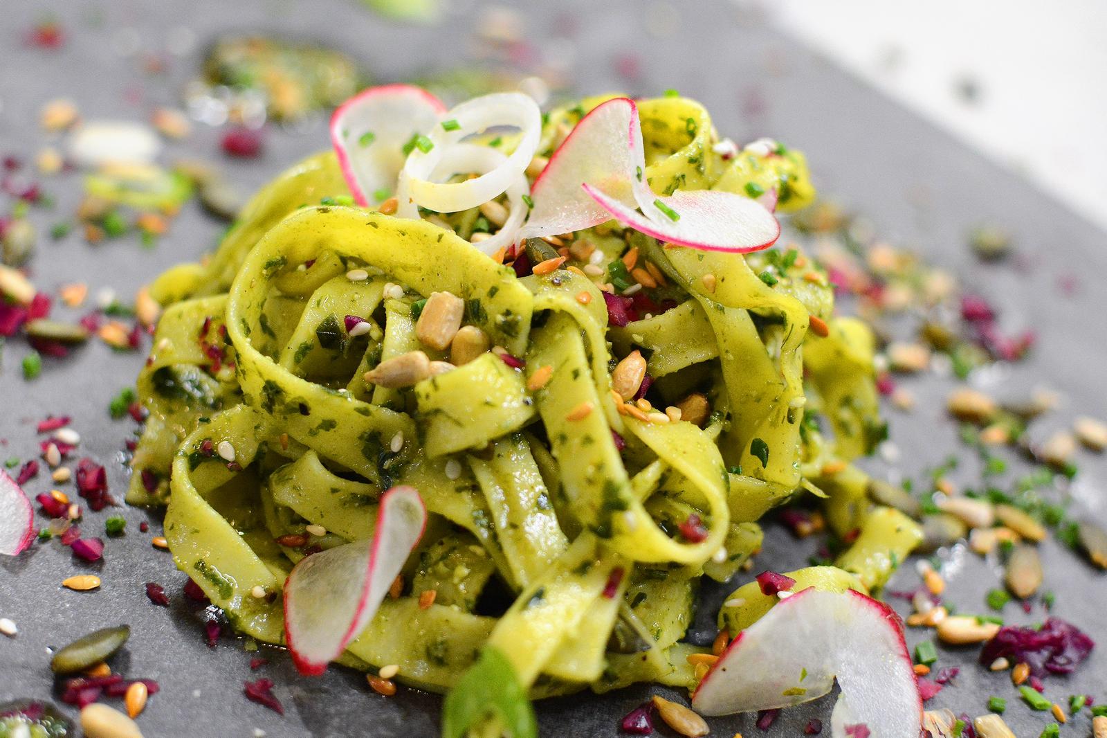 Chef-prepared pesto pasta corporate meal prep lunch for Stockton on Tees office catering in North East England 