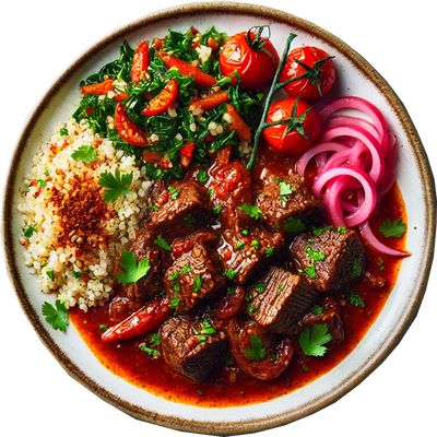 Beef stew with couscous, vegetables, and pickled onions