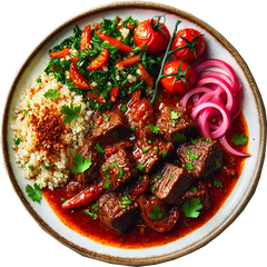 Beef Stew with Couscous, Vegetables & Pickled Onions
