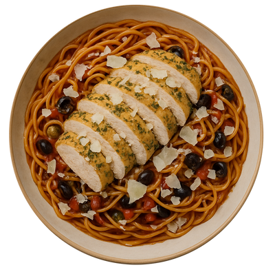 Spaghetti with chicken and olives