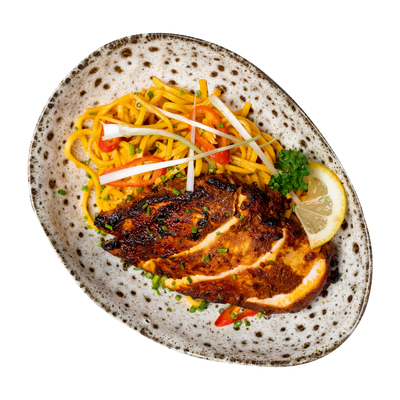 Grilled chicken with pasta and vegetables