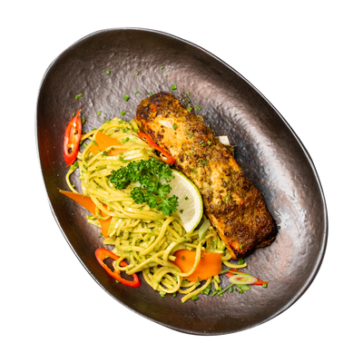 Salmon with pasta and vegetables