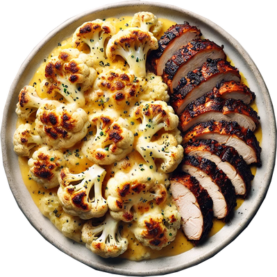 Roasted cauliflower with sliced pork in creamy sauce