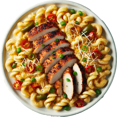 Pasta with sliced chicken breast and vegetables